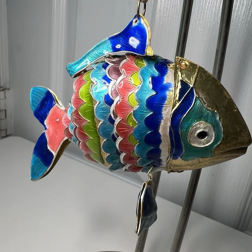 Cloisonné Enamel Articulated Moveable‎ Lg Tropical Fish Ornament Rainbow Colors